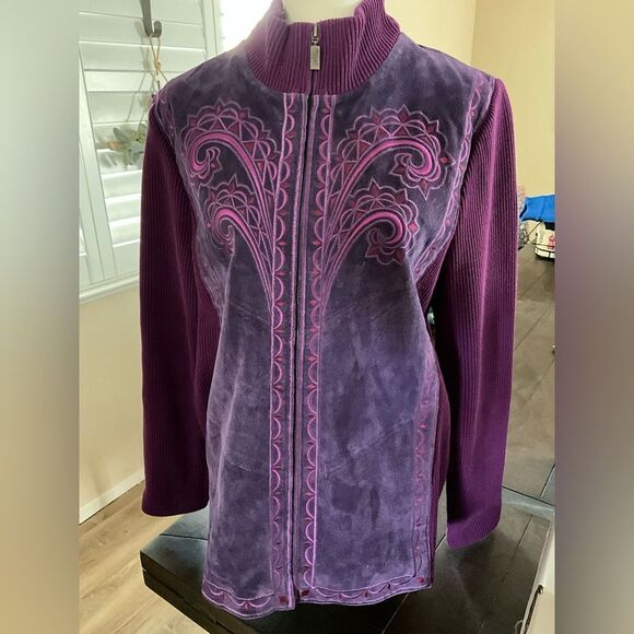 Bob Mackie Jackets & Blazers - Bob Mackie Wearable Art Purple Embroidered Suede sweater jacket Large